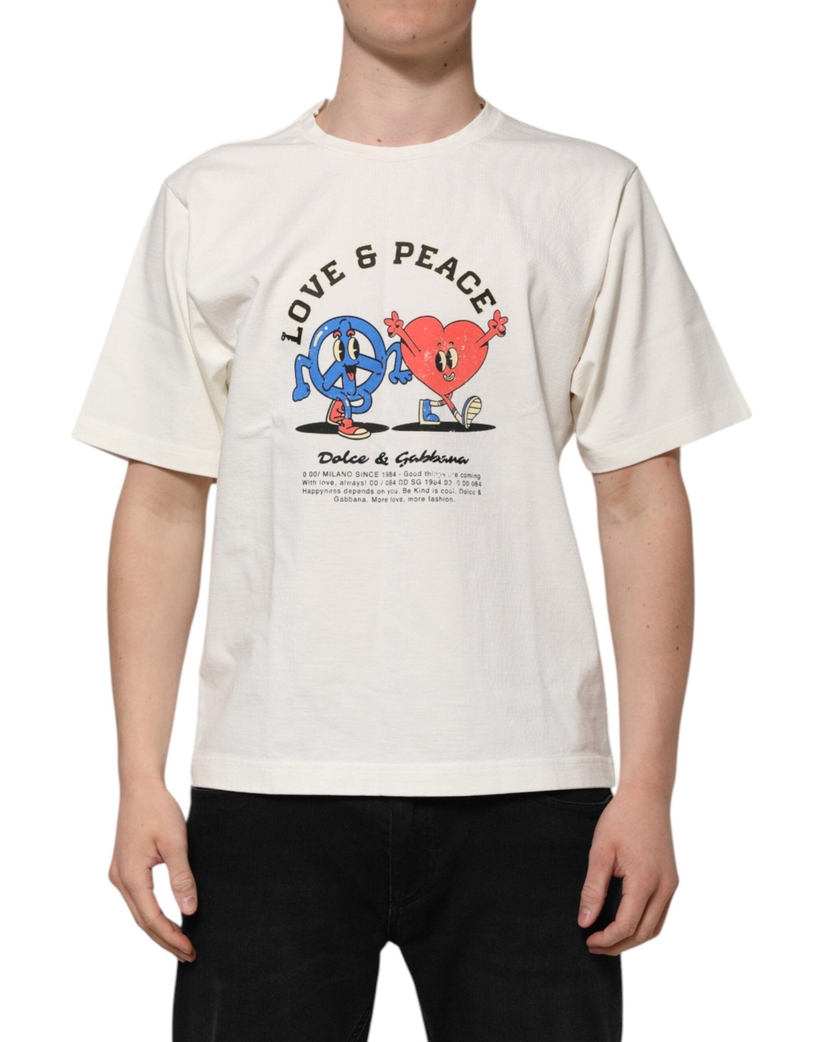 Dolce & Gabbana White Love Peace Cotton Men Crew Neck T-shirt – IT52 | XL par Dolce & Gabbana | Disponible sur Sandy Store ByNet