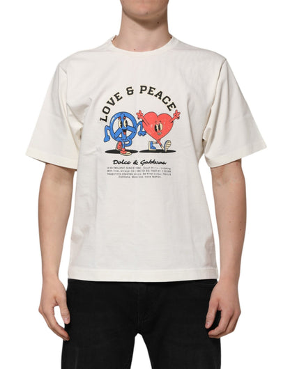 Dolce & Gabbana White Love Peace Cotton Men Crew Neck T-shirt – IT52 | XL par Dolce & Gabbana | Disponible sur Sandy Store ByNet