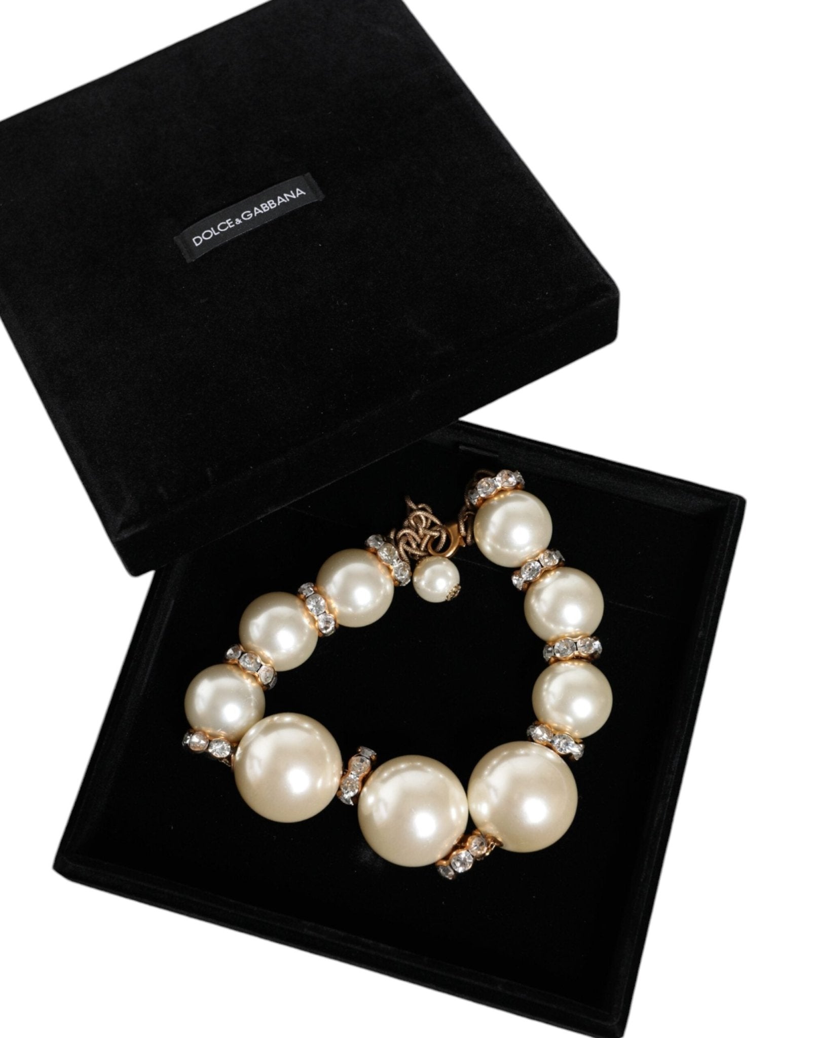 Dolce & Gabbana White Maxi Faux Pearl Beads Crystals Gold Chain Necklace - Sandy Store ByNet