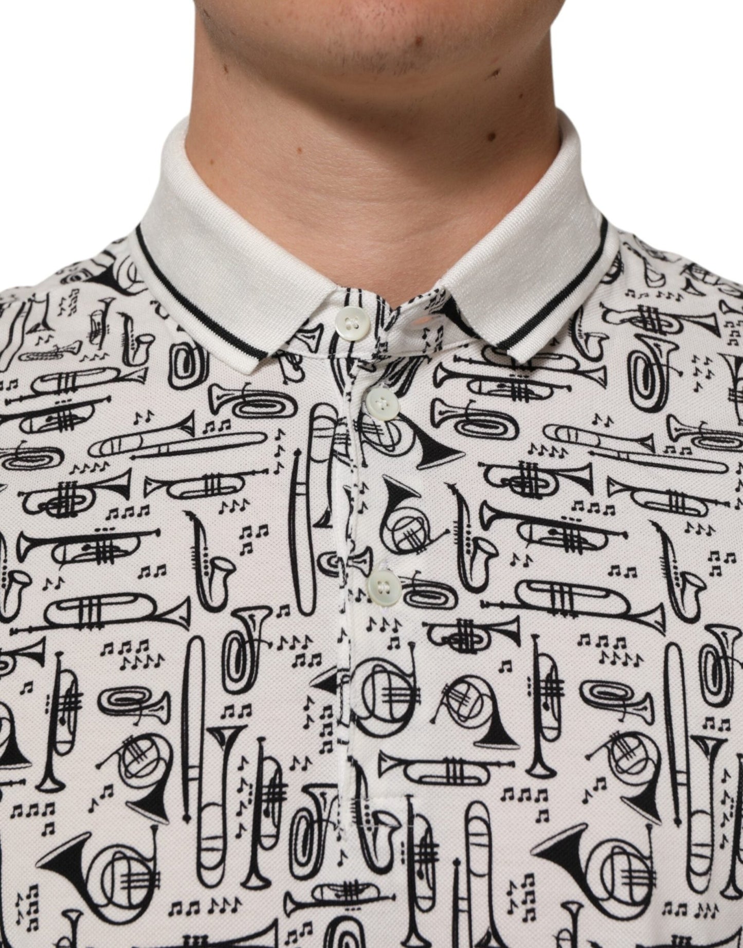 Dolce & Gabbana White Musical Print Collared Polo T-shirt – IT52 | XL par Dolce & Gabbana | Disponible sur Sandy Store ByNet