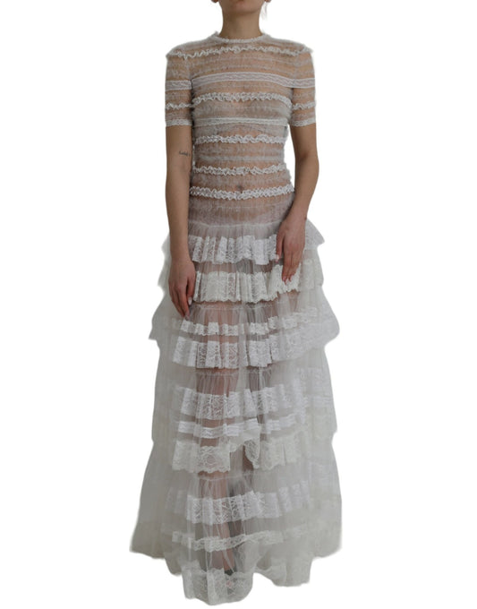 Dolce & Gabbana White Nylon Sheer Tiered Lace Maxi Dress - Sandy Store ByNet