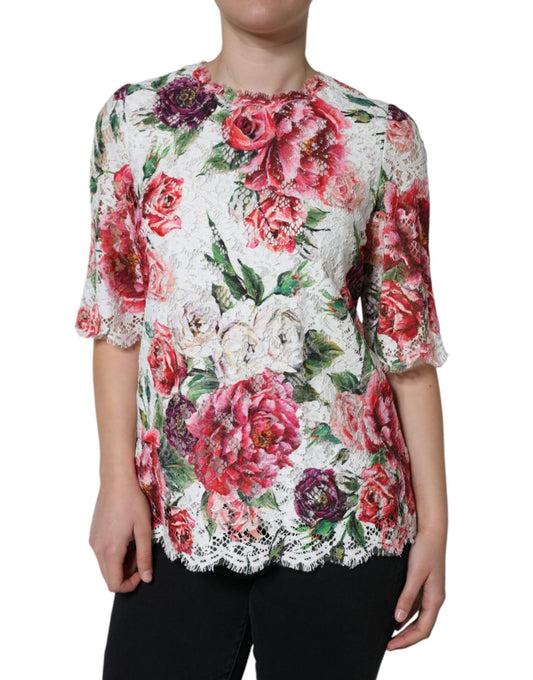 Dolce & Gabbana White Peony Lace Short Sleeves Blouse Top – IT36 | XS par Dolce & Gabbana | Disponible sur Sandy Store ByNet