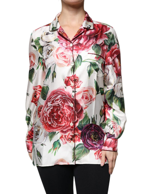 Dolce & Gabbana White Peony Silk Long Sleeves Collared Blouse Top – IT38 | XS par Dolce & Gabbana | Disponible sur Sandy Store ByNet