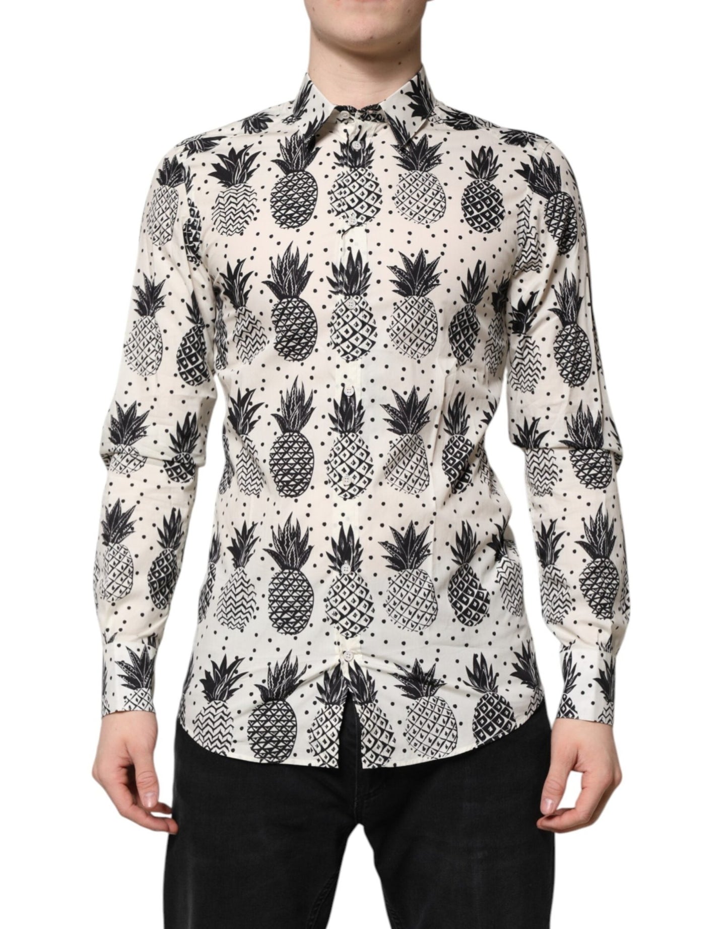 Dolce & Gabbana White Pineapple Print Long Sleeve GOLD Shirt – IT37 | XS par Dolce & Gabbana | Disponible sur Sandy Store ByNet
