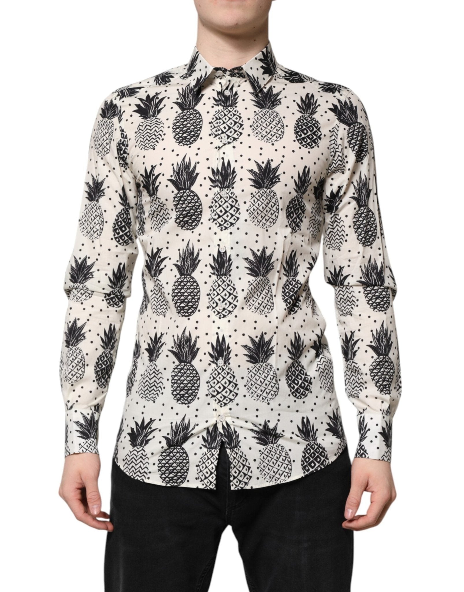 Dolce & Gabbana White Pineapple Print Long Sleeve GOLD Shirt – IT37 | XS par Dolce & Gabbana | Disponible sur Sandy Store ByNet