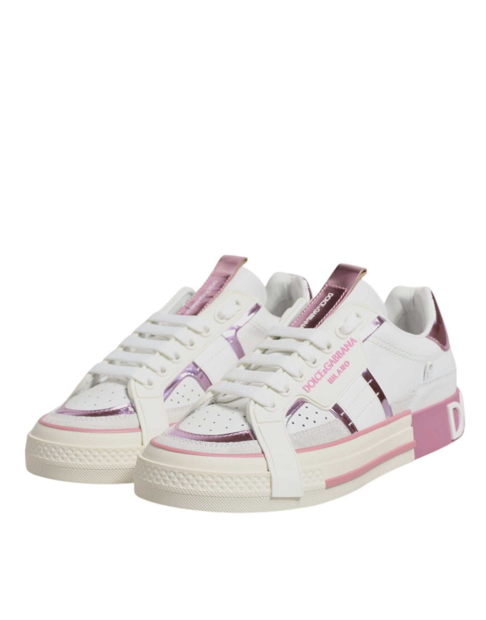 Dolce & Gabbana White Pink Leather Low Top Sneakers Shoes - Sandy Store ByNet