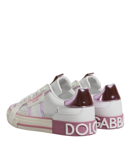 Dolce & Gabbana White Pink Leather Low Top Sneakers Shoes - Sandy Store ByNet