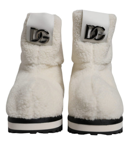 Dolce & Gabbana White Plush Logo Padded Mid Calf Boots Shoes - Sandy Store ByNet