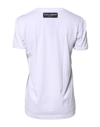 Dolce & Gabbana White Printed Cotton Round Neck Top T-shirt - Sandy Store ByNet