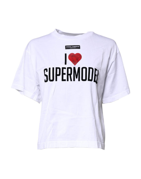 Dolce & Gabbana White Printed Round Neck Top Cotton T-shirt - Sandy Store ByNet