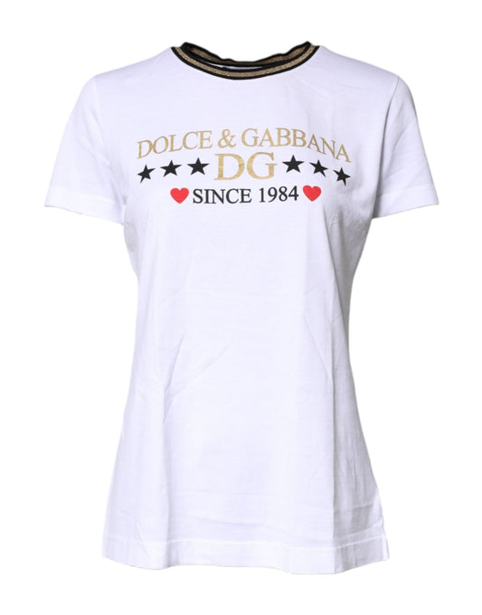 Dolce & Gabbana White Printed Round Neck Top Cotton T-shirt - Sandy Store ByNet