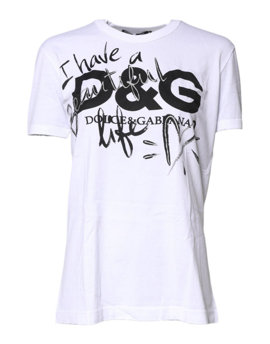 Dolce & Gabbana White Printed Round Neck Top Cotton T-shirt - Sandy Store ByNet