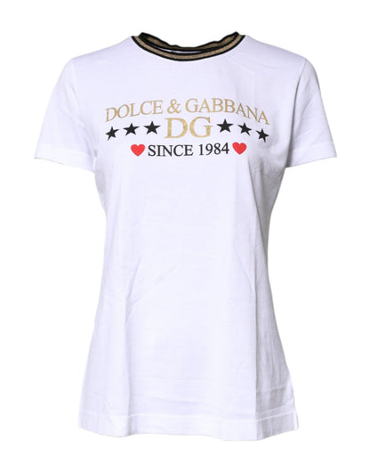 Dolce & Gabbana White Printed Round Neck Top Cotton T-shirt - Sandy Store ByNet