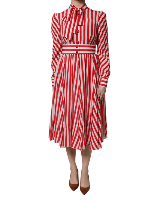 Dolce & Gabbana White Red Stripes Long Sleeves Midi Dress – IT36|XXS par Dolce & Gabbana | Disponible sur Sandy Store ByNet