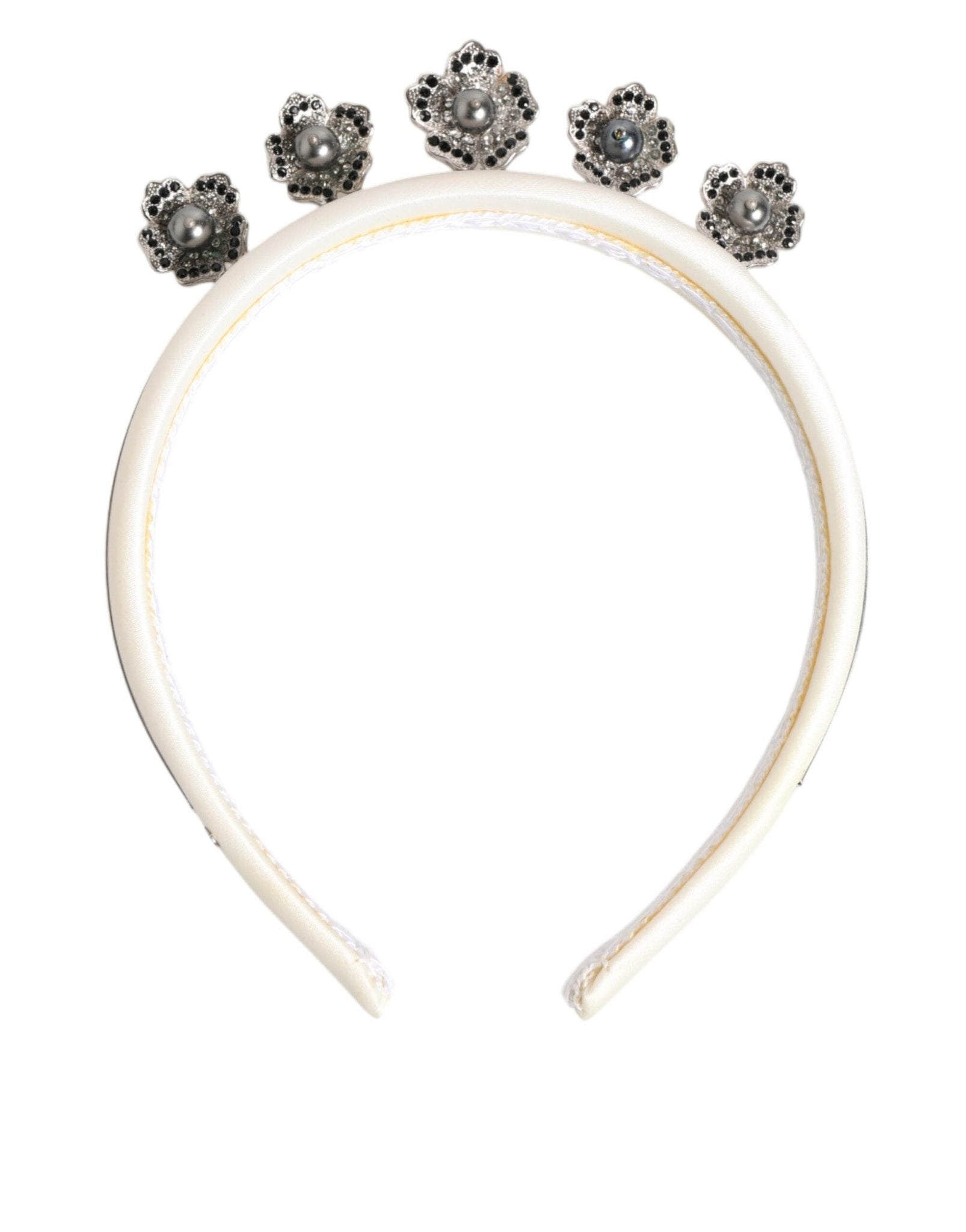 Dolce & Gabbana White Satin Palladium Silver Floral Crown Tiara Headband – par Dolce & Gabbana | Disponible sur Sandy Store ByNet