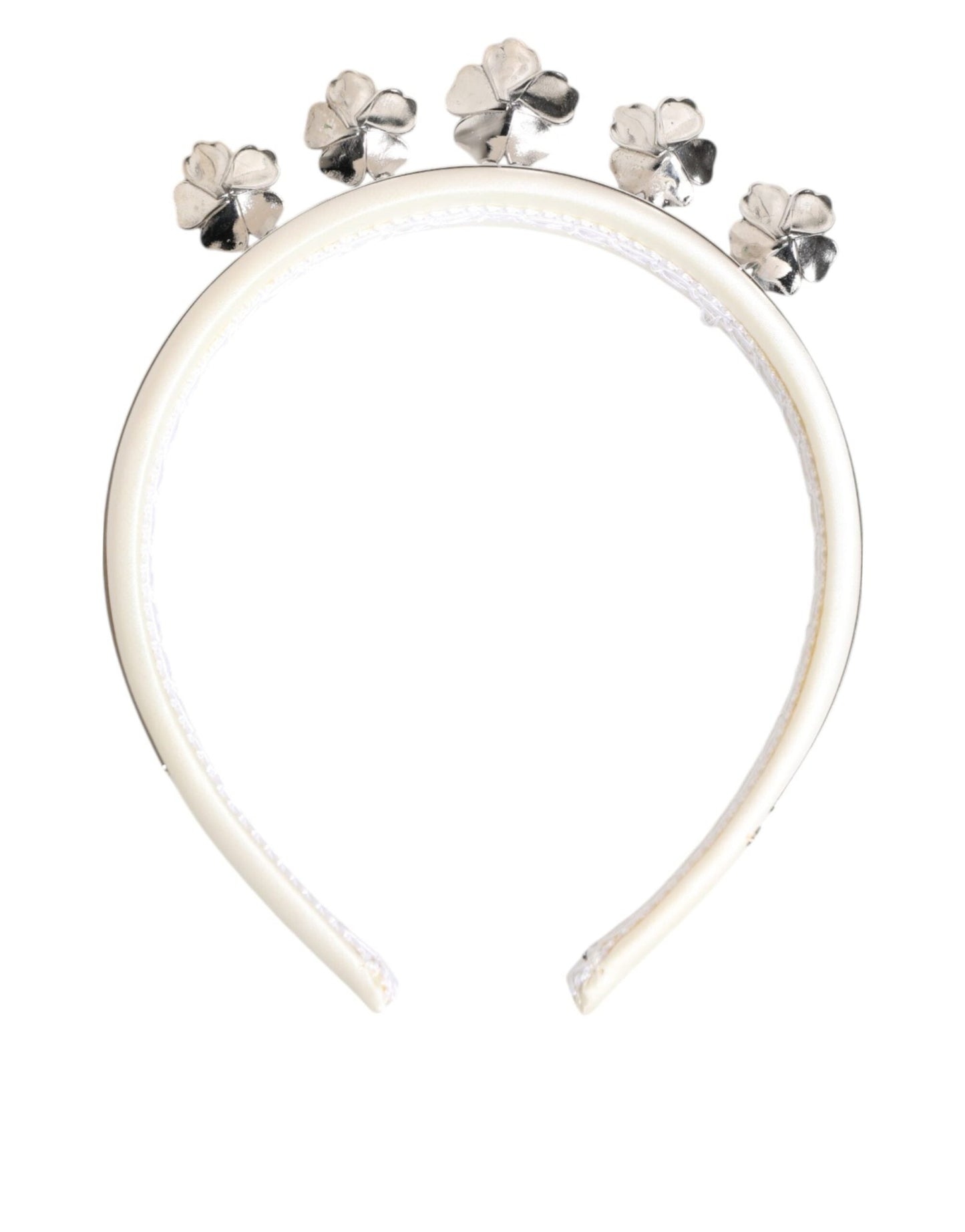 Dolce & Gabbana White Satin Palladium Silver Floral Crown Tiara Headband – par Dolce & Gabbana | Disponible sur Sandy Store ByNet