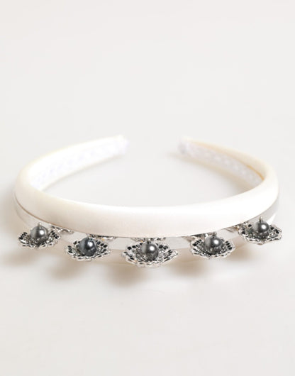 Dolce & Gabbana White Satin Palladium Silver Floral Crown Tiara Headband – par Dolce & Gabbana | Disponible sur Sandy Store ByNet