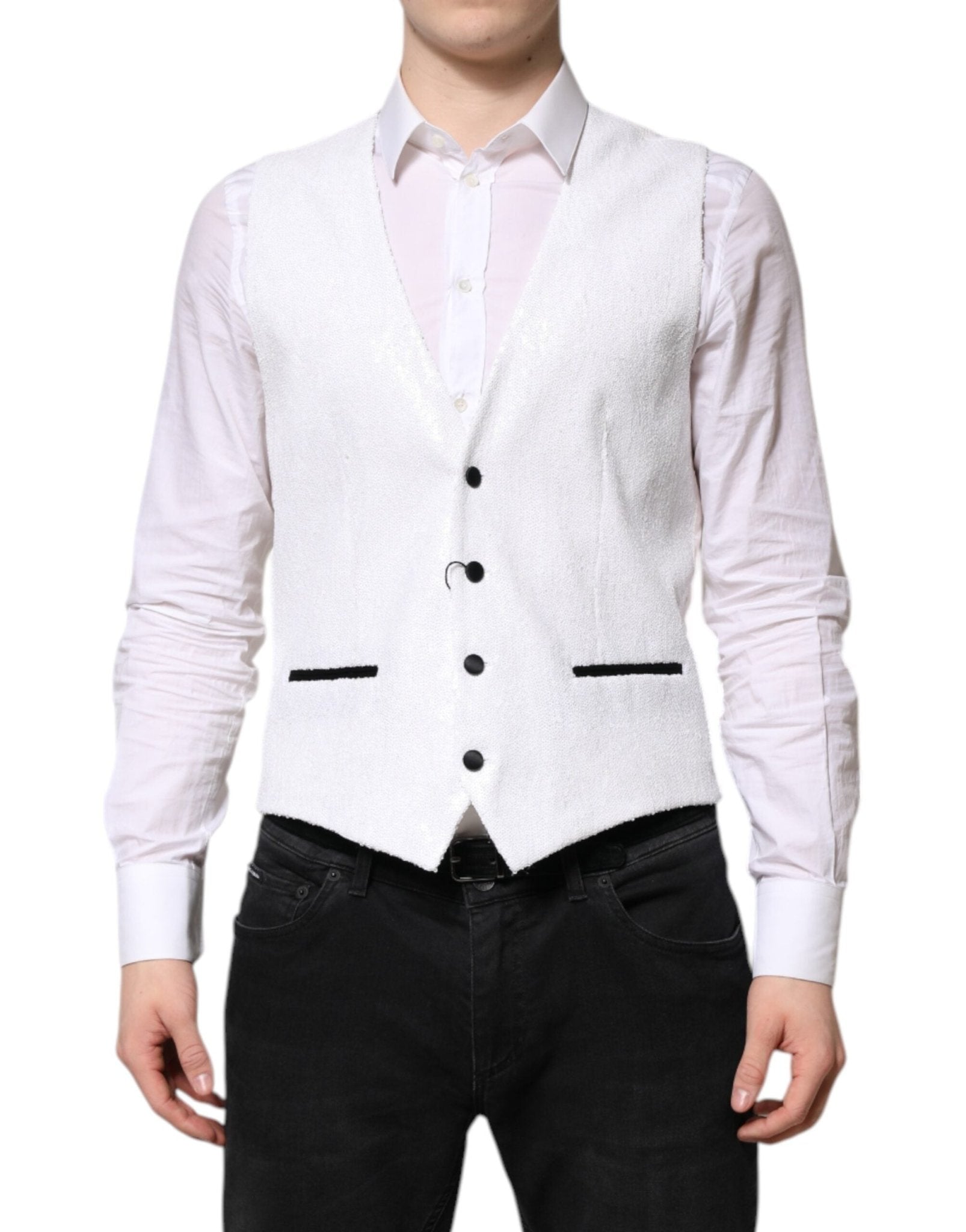 Dolce & Gabbana White Sequined Dress Formal Waistcoat Vest – IT48 | M par Dolce & Gabbana | Disponible sur Sandy Store ByNet