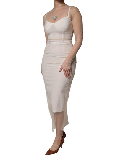 Dolce & Gabbana White Sheer Tulle Bustier Bodycon Midi Dress - Sandy Store ByNet