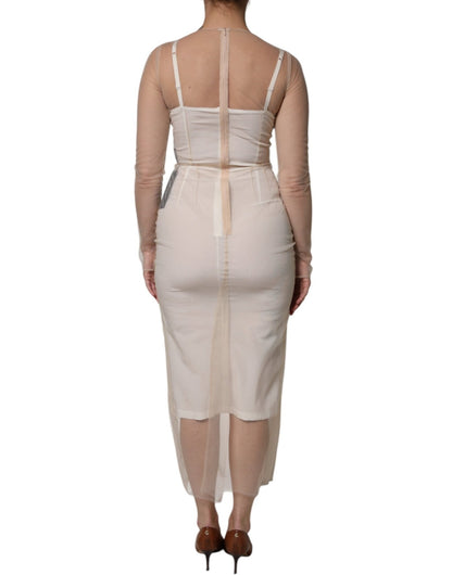 Dolce & Gabbana White Sheer Tulle Bustier Bodycon Midi Dress - Sandy Store ByNet