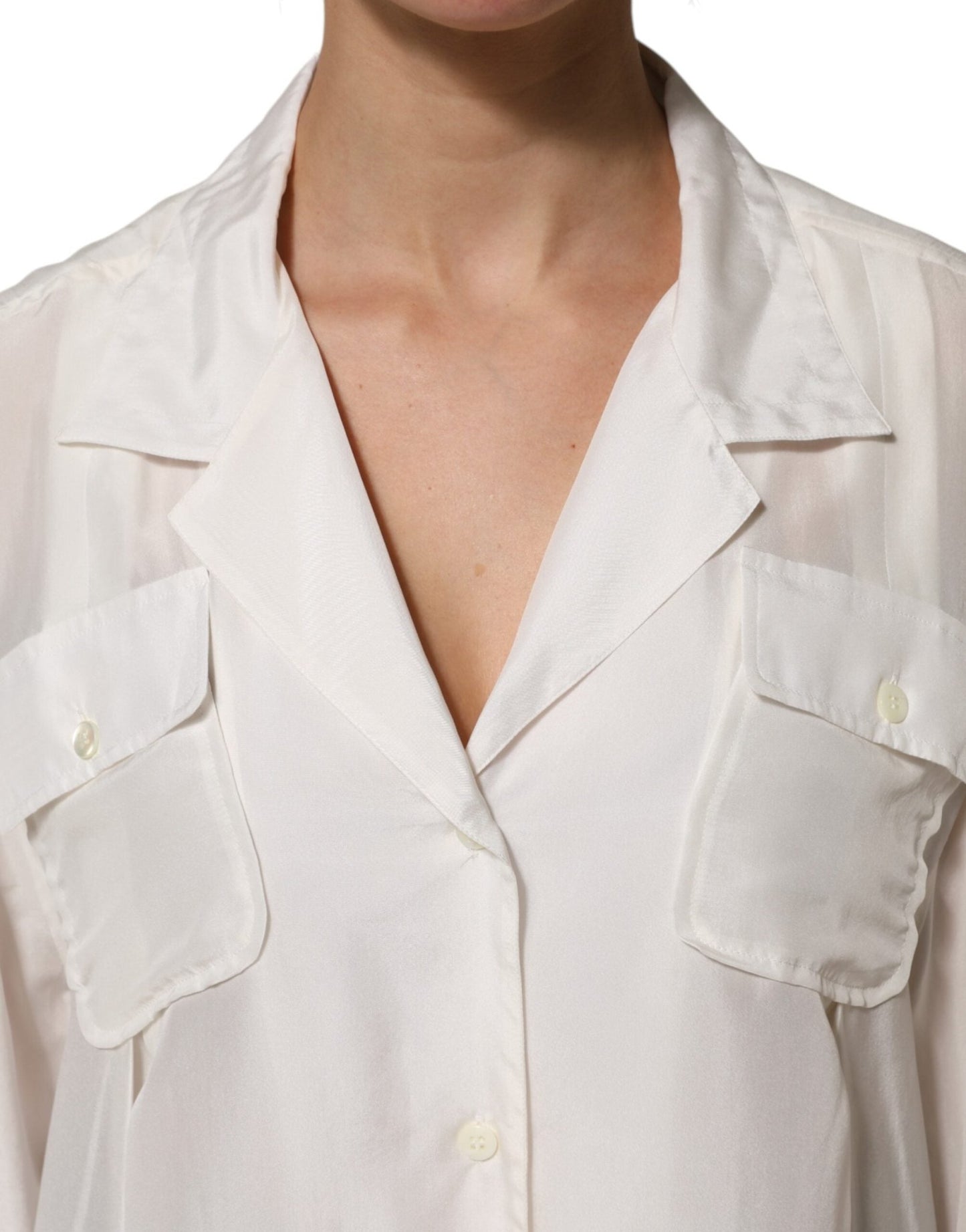 Dolce & Gabbana White Silk Collared 3/4 Sleeves Blouse Top – IT44 | L par Dolce & Gabbana | Disponible sur Sandy Store ByNet