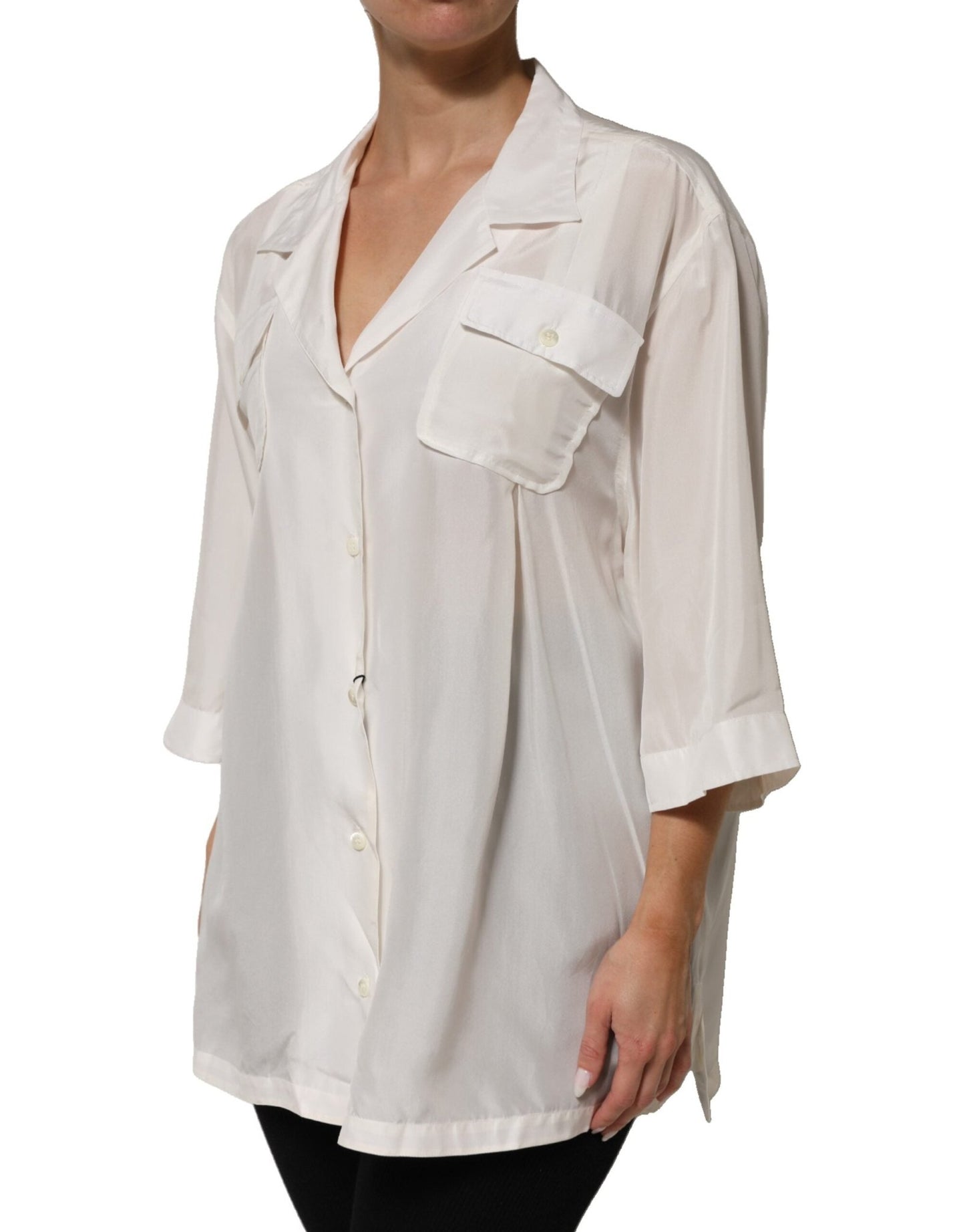 Dolce & Gabbana White Silk Collared 3/4 Sleeves Blouse Top – IT44 | L par Dolce & Gabbana | Disponible sur Sandy Store ByNet