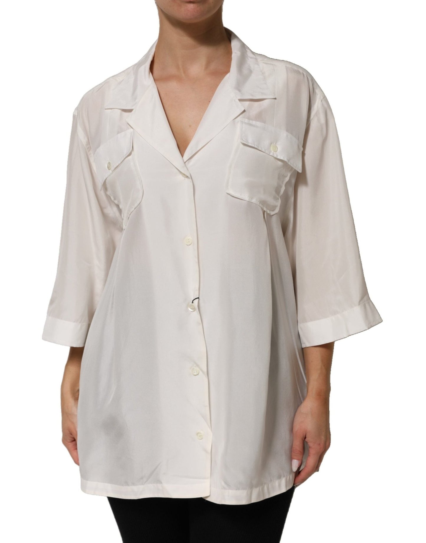 Dolce & Gabbana White Silk Collared 3/4 Sleeves Blouse Top – IT44 | L par Dolce & Gabbana | Disponible sur Sandy Store ByNet