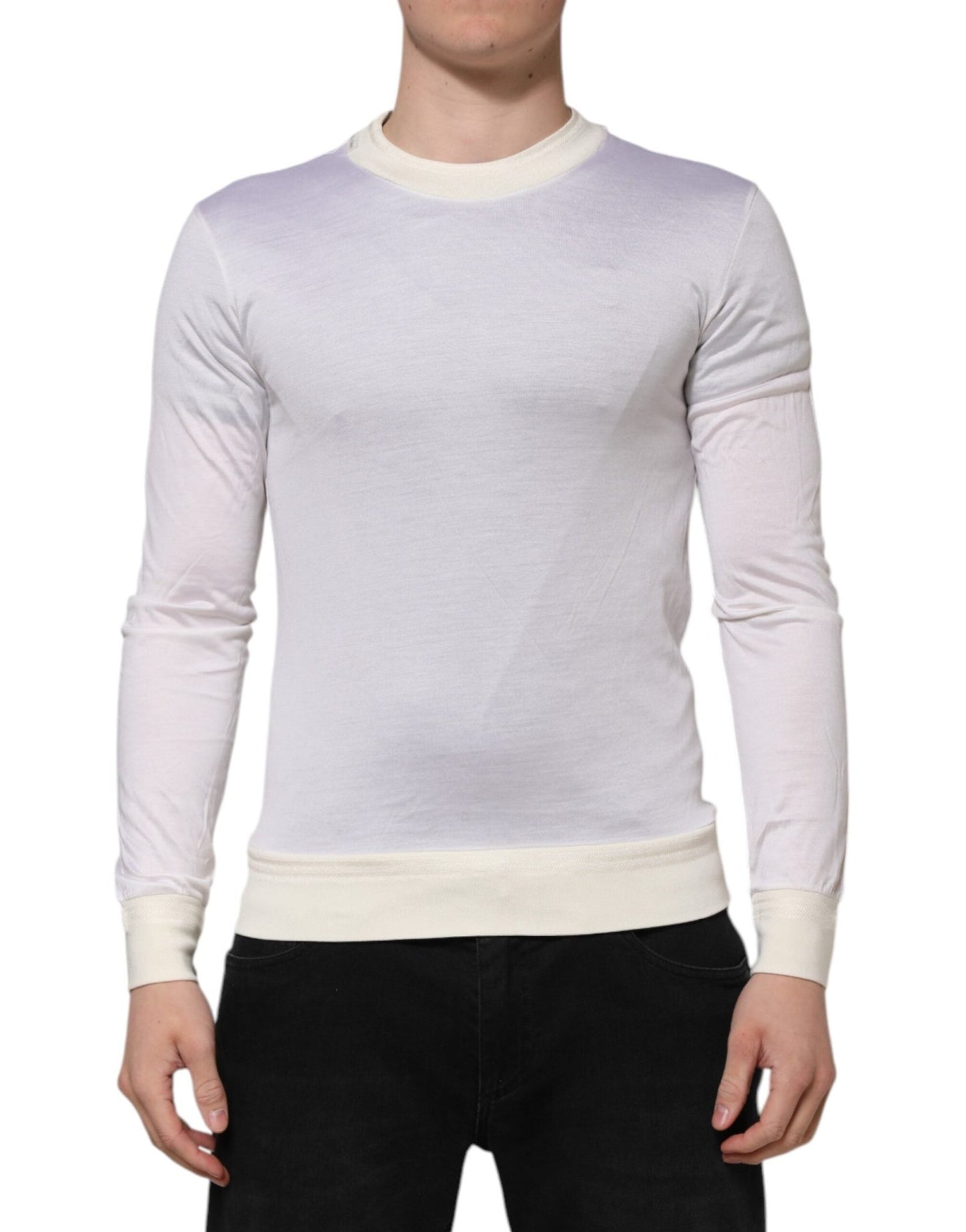 Dolce & Gabbana White Silk Crew Neck Long Sleeves T-shirt – IT44 | XS par Dolce & Gabbana | Disponible sur Sandy Store ByNet