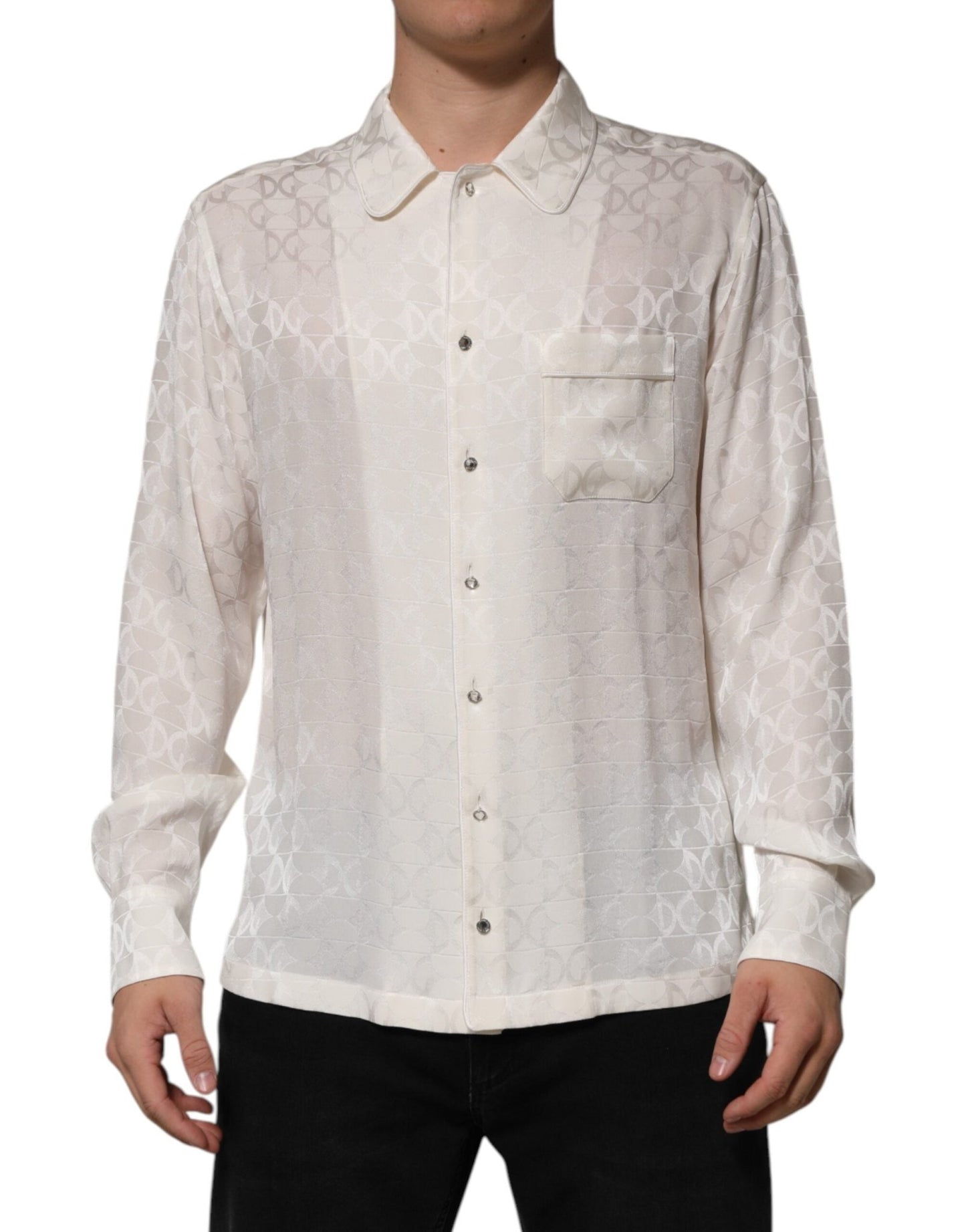 Dolce & Gabbana White Silk DG Logo Print Long Sleeves Shirt – IT39 | S par Dolce & Gabbana | Disponible sur Sandy Store ByNet