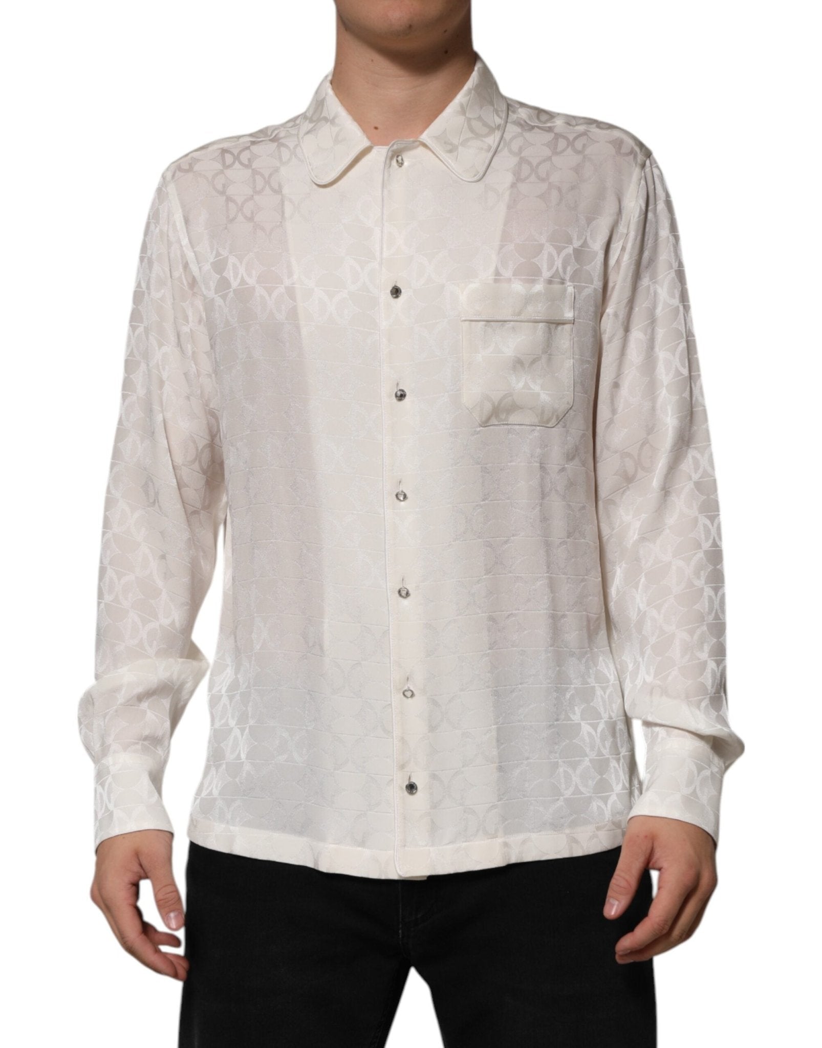 Dolce & Gabbana White Silk DG Logo Print Long Sleeves Shirt – IT39 | S par Dolce & Gabbana | Disponible sur Sandy Store ByNet