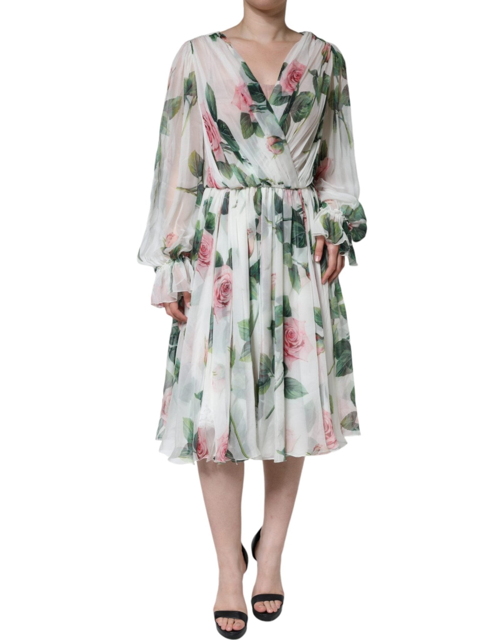 Dolce & Gabbana White Silk Floral Print A - line Midi Dress - Sandy Store ByNet