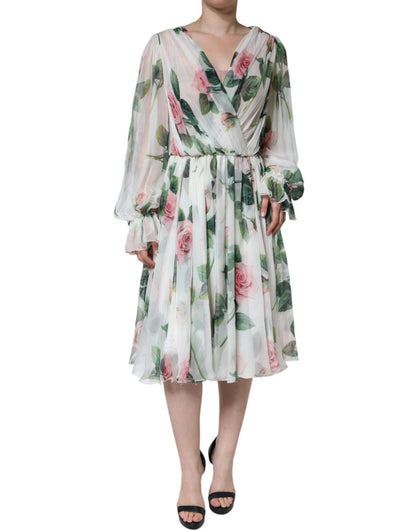 Dolce & Gabbana White Silk Floral Print A - line Midi Dress - Sandy Store ByNet