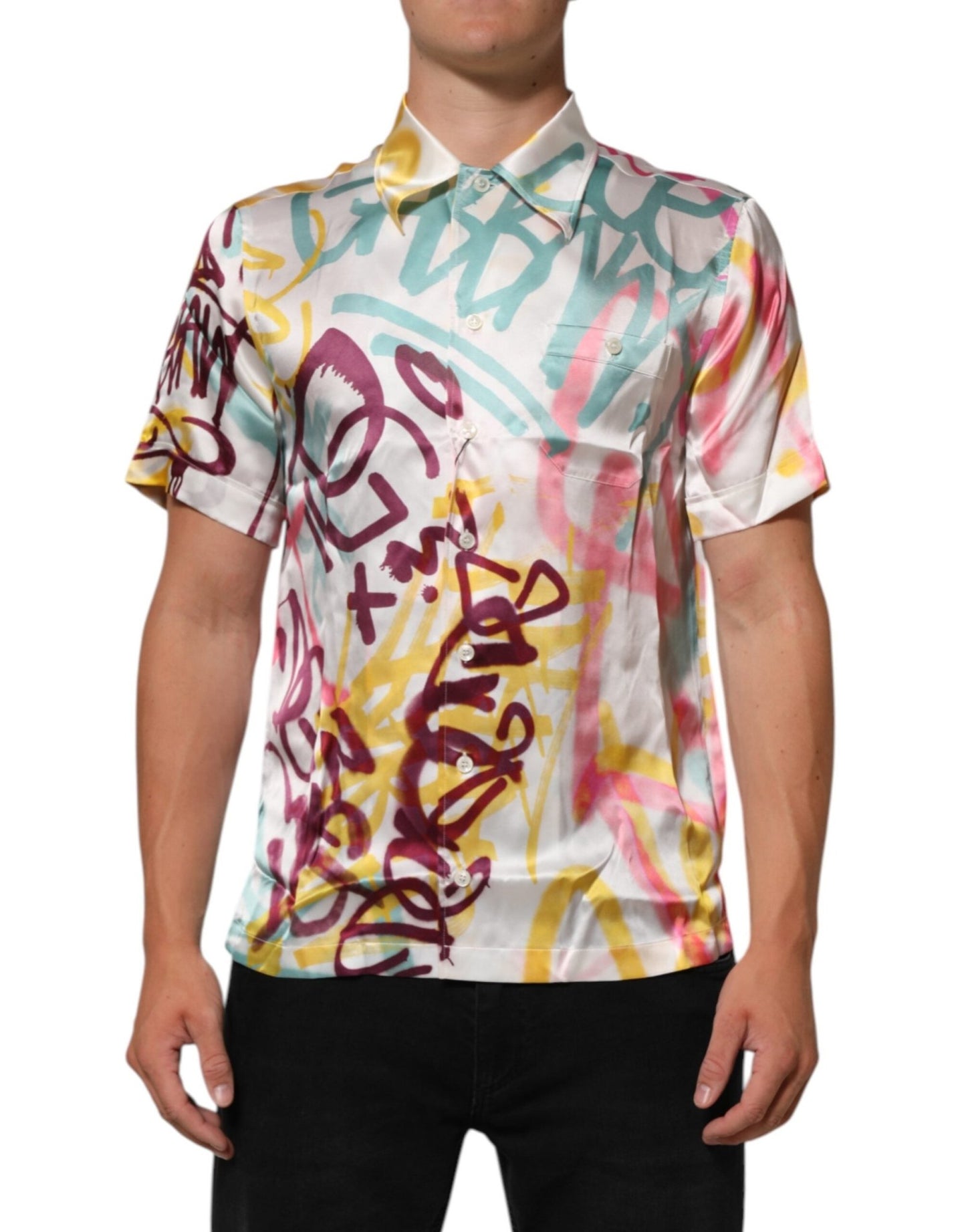 Dolce & Gabbana White Silk Hawaiian Graffiti Print Men Casual Shirt – IT37 | XS par Dolce & Gabbana | Disponible sur Sandy Store ByNet