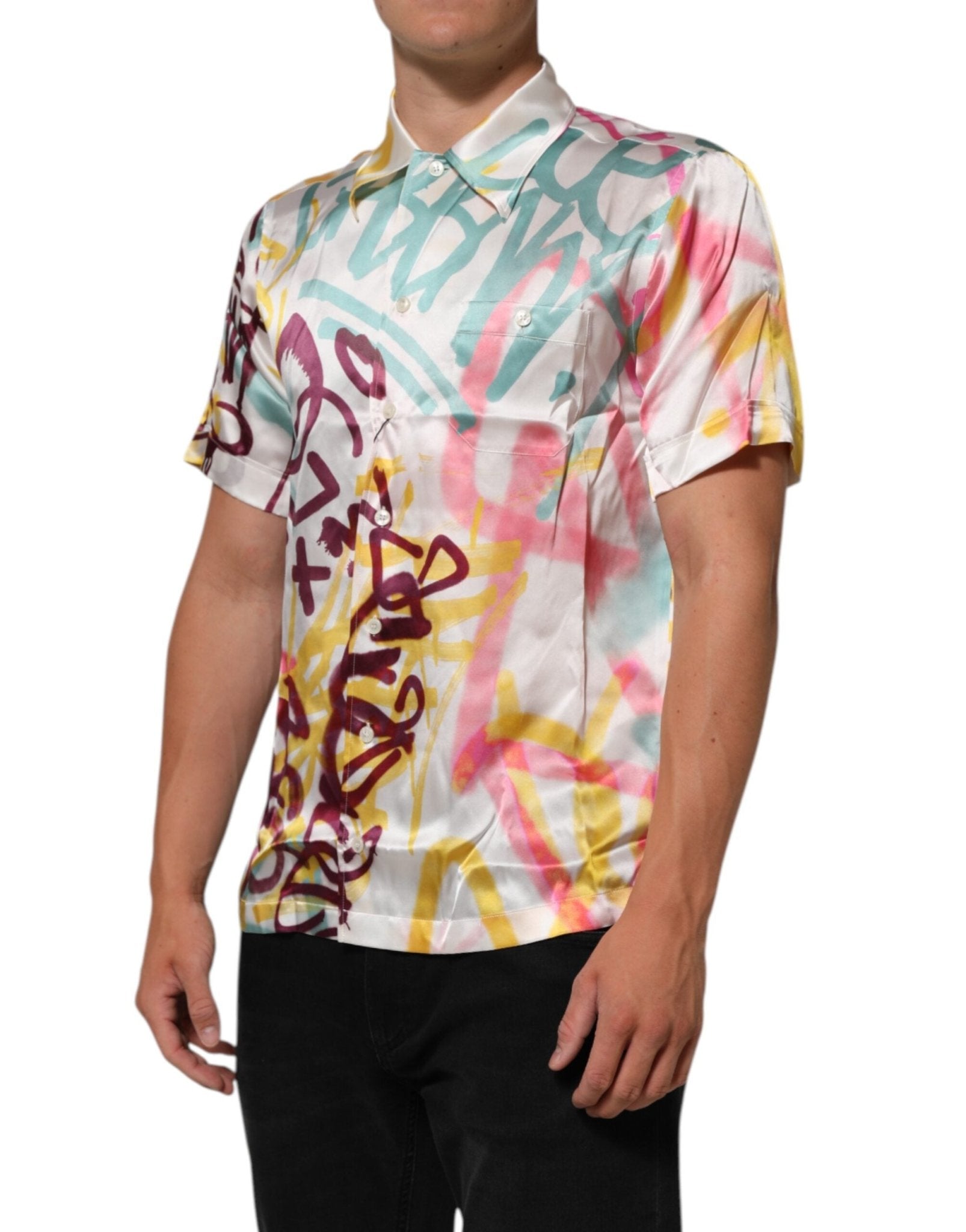 Dolce & Gabbana White Silk Hawaiian Graffiti Print Men Casual Shirt – IT37 | XS par Dolce & Gabbana | Disponible sur Sandy Store ByNet