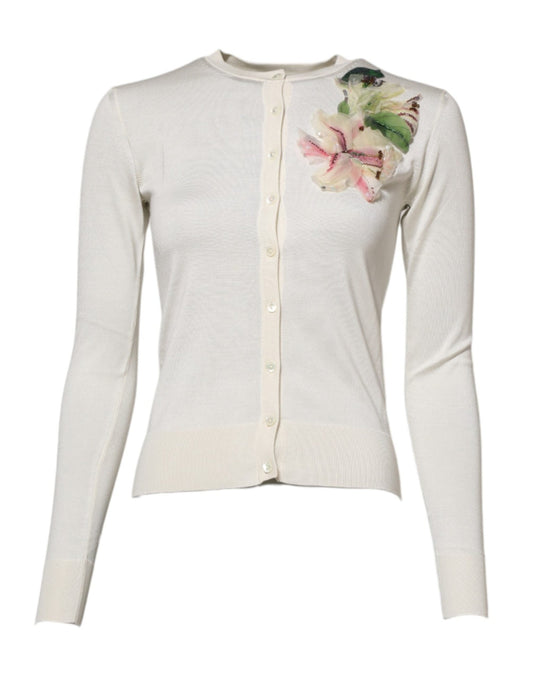 Dolce & Gabbana White Silk Lily Buttoned Cardigan Sweater – IT36|XXS par Dolce & Gabbana | Disponible sur Sandy Store ByNet