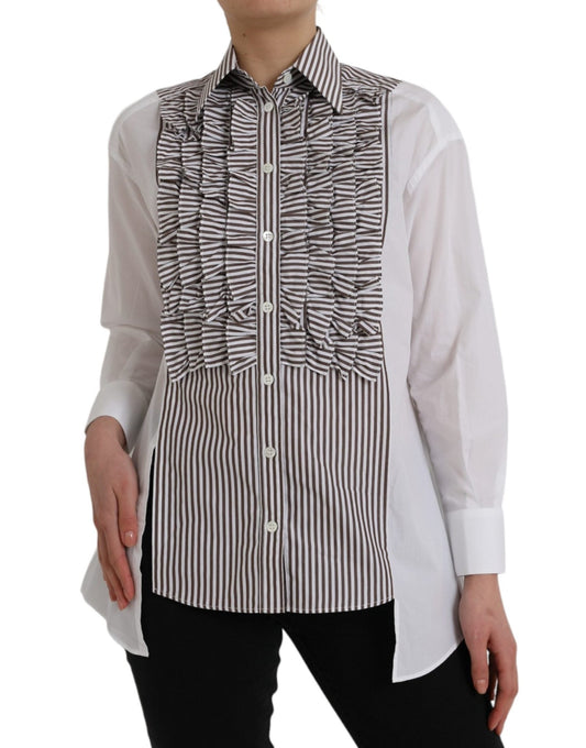 Dolce & Gabbana White Stripes Cotton Long Sleeves Ruffle Collar Top – IT36 | XS par Dolce & Gabbana | Disponible sur Sandy Store ByNet