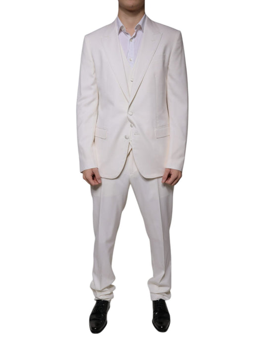 Dolce & Gabbana White Wool Silk 3 Piece SlimFit Formal Suit - Sandy Store ByNet