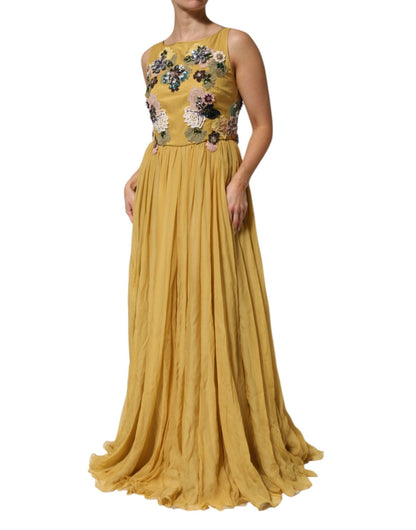 Dolce & Gabbana Yellow Silk Floral Embroidered Maxi Dress – IT46|XL par Dolce & Gabbana | Disponible sur Sandy Store ByNet