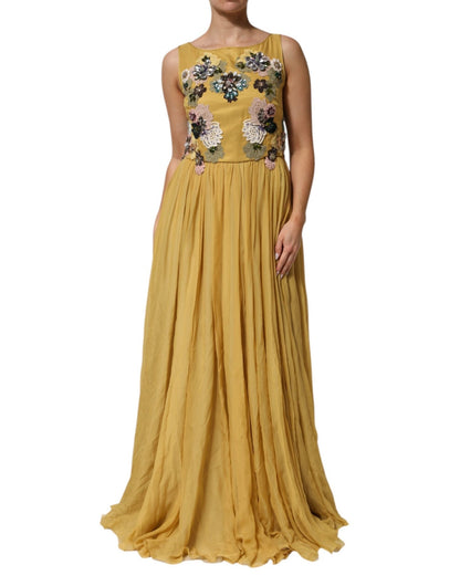 Dolce & Gabbana Yellow Silk Floral Embroidered Maxi Dress – IT46|XL par Dolce & Gabbana | Disponible sur Sandy Store ByNet