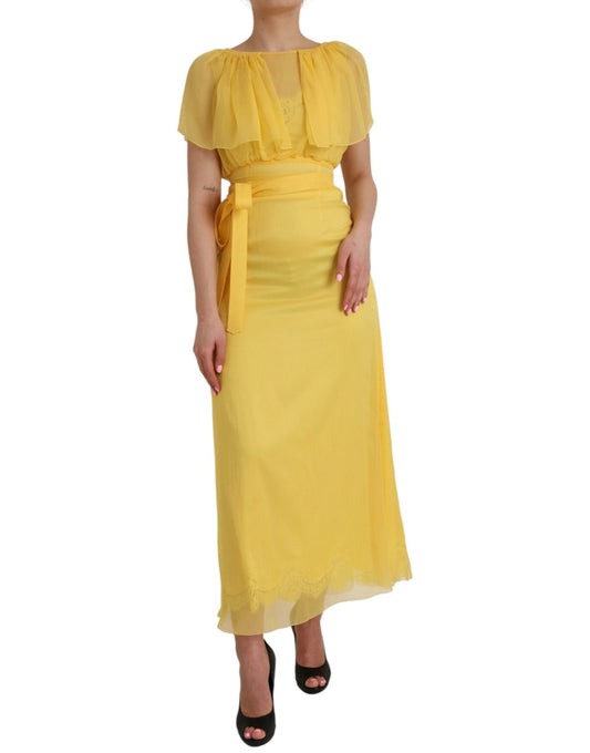 Dolce & Gabbana Yellow Silk Sheath Belted Long Maxi Dress - Sandy Store ByNet