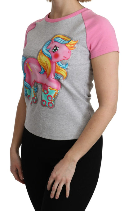 Moschino Chic Gray Crew Neck Cotton T-shirt with Pink Accents - Sandy Store ByNet