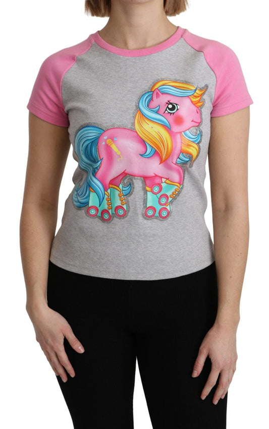Moschino Chic Gray Crew Neck Cotton T-shirt with Pink Accents - Sandy Store ByNet
