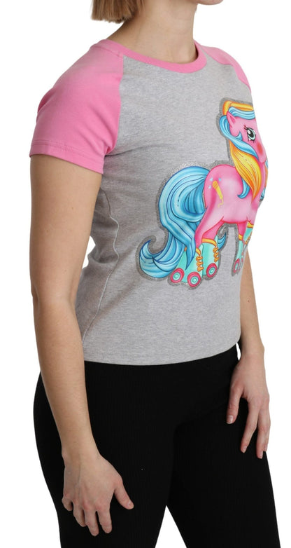 Moschino Chic Gray Crew Neck Cotton T-shirt with Pink Accents - Sandy Store ByNet