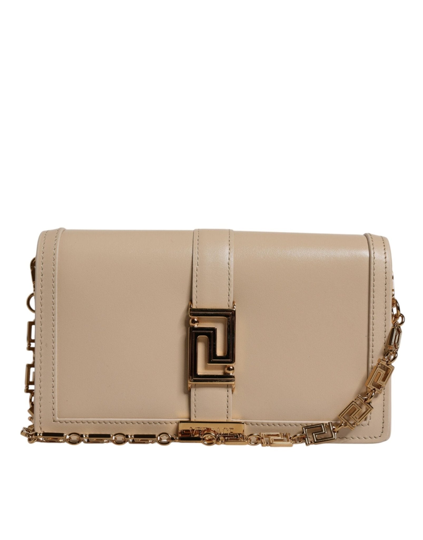 Versace Beige Gold Chain Calf Leather Wallet Crossbody Bag - Sandy Store ByNet