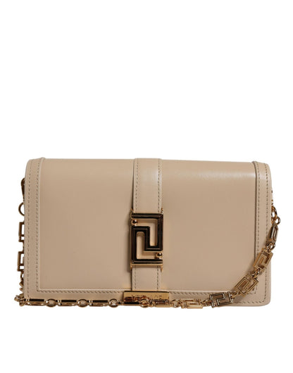 Versace Beige Gold Chain Calf Leather Wallet Crossbody Bag - Sandy Store ByNet