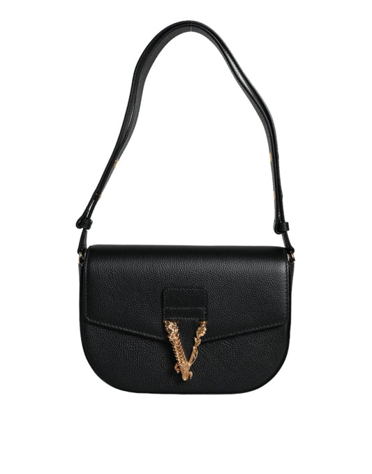 Versace Black Grainy Calf Leather Logo Crossbody Shoulder Bag - Sandy Store ByNet