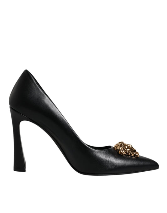 Versace Black Leather Logo Plaque High Heels Pumps Shoes - Sandy Store ByNet