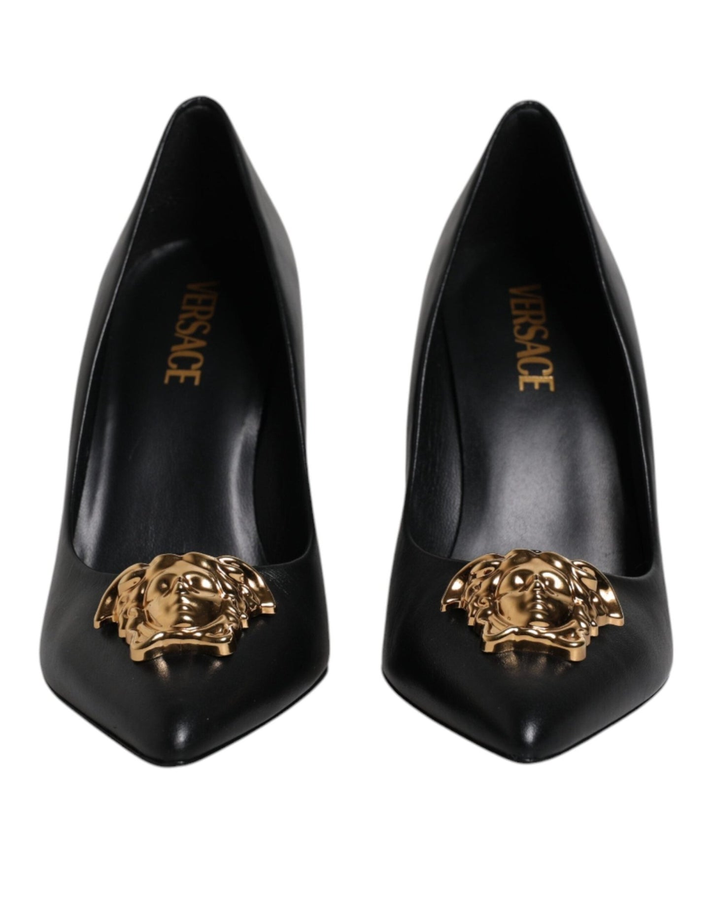 Versace Black Leather Logo Plaque High Heels Pumps Shoes - Sandy Store ByNet