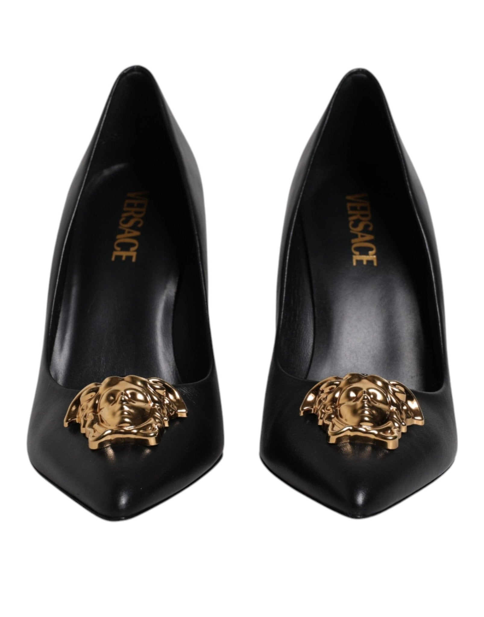 Versace Black Leather Logo Plaque High Heels Pumps Shoes - Sandy Store ByNet