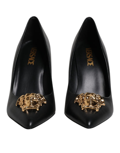 Versace Black Leather Logo Plaque High Heels Pumps Shoes - Sandy Store ByNet